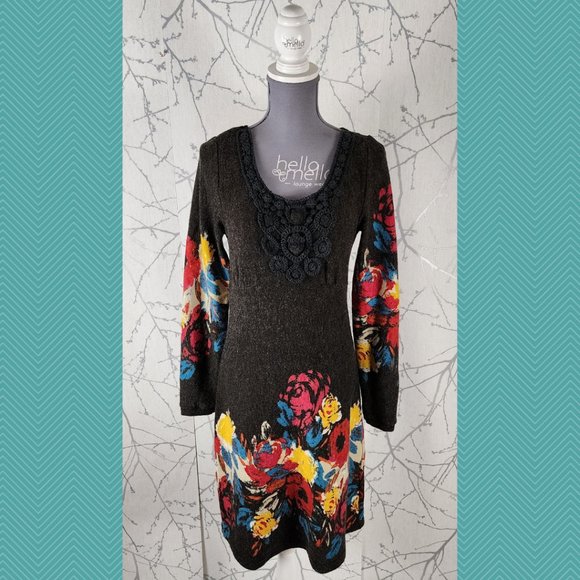 Coco & Tashi Brown Colorful Floral Printed Midi Sweater Dress - Picture 1 of 5